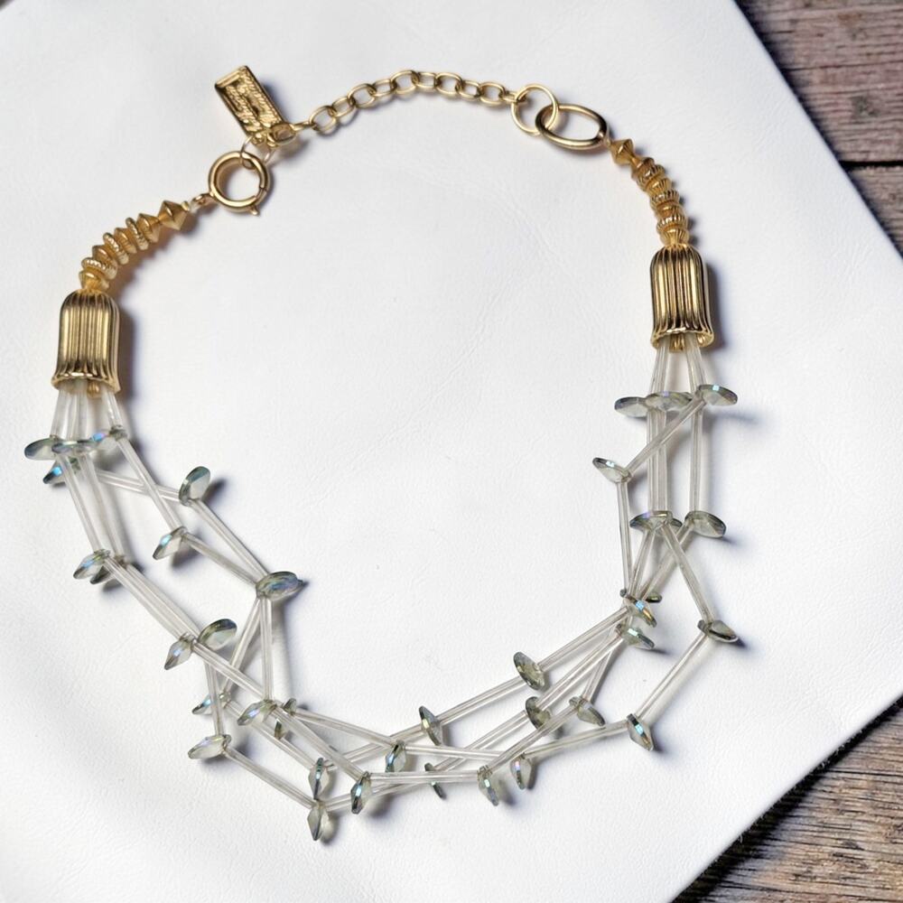 ANTHONY ALEXANDER 4 Strand Green Clear  Faceted Rhinestone Crystal Gold Necklace